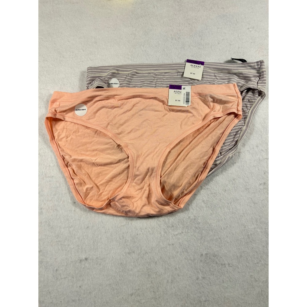 Alfani Intimates Womens 2 Pack Ultra Soft Bikini Panties Peach Grey Stripe NWT